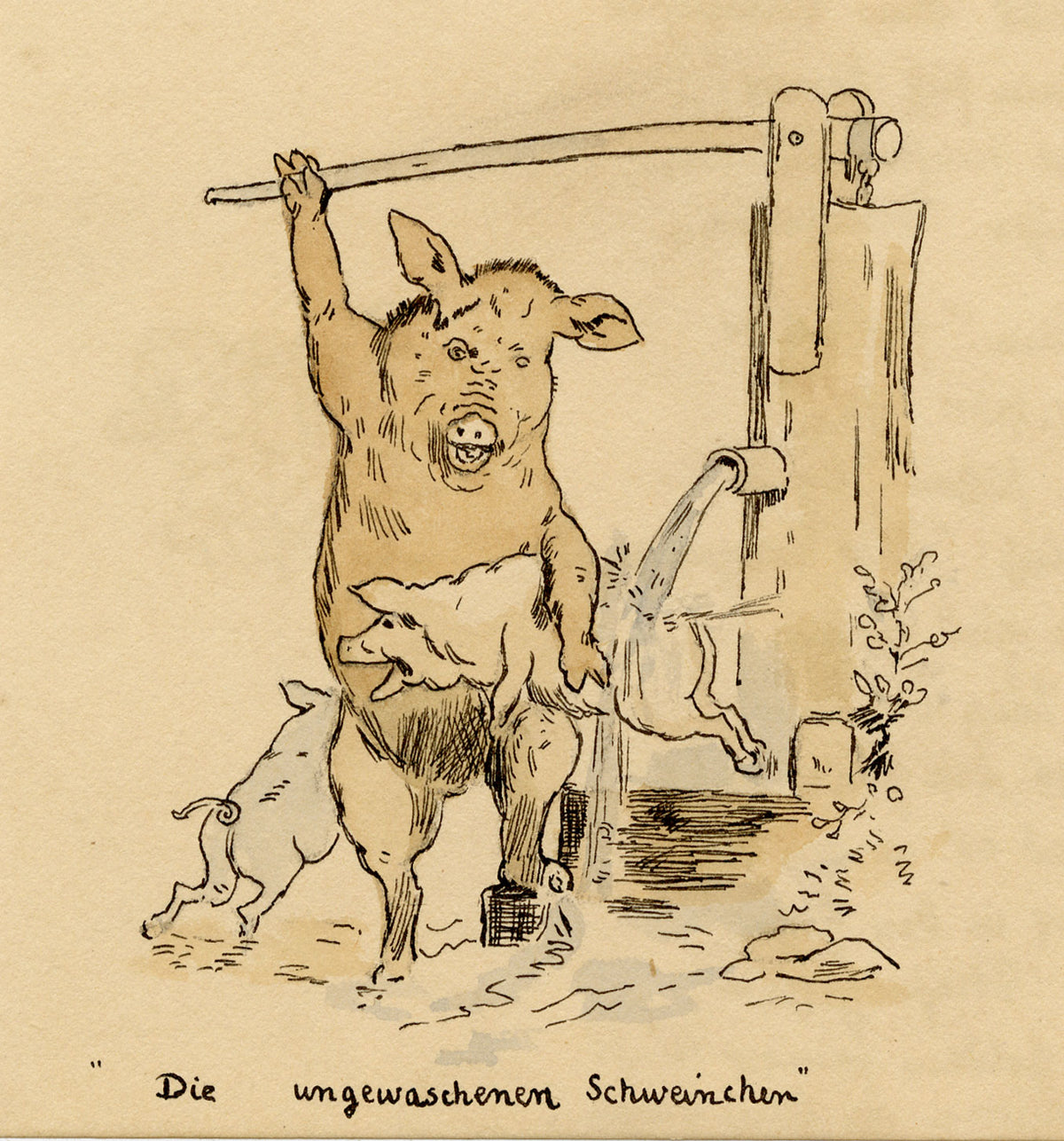 R.J.R.F., German Pigs Washing Anthropomorphic Cartoon – 1891 pen & ink drawing