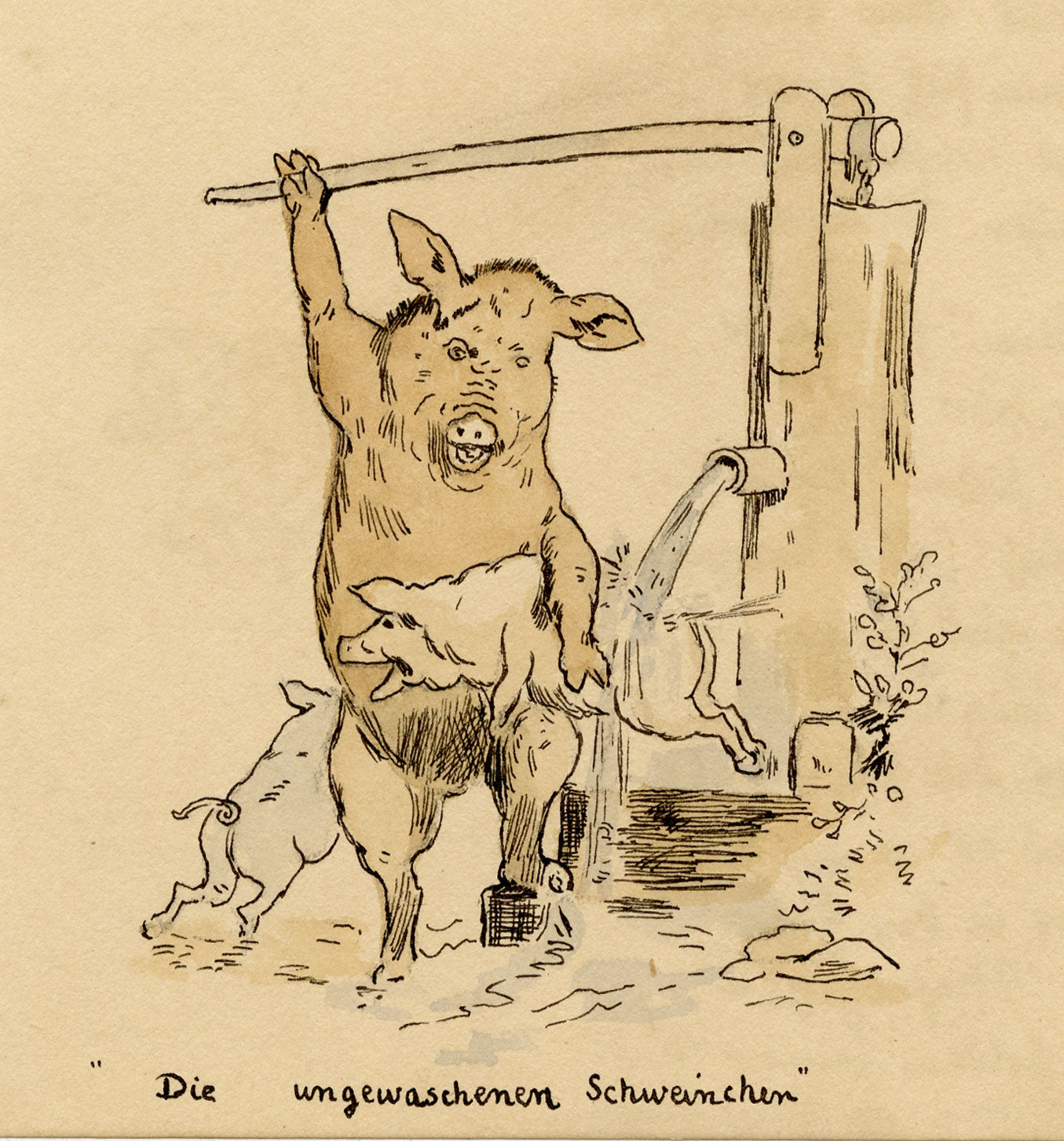 R.J.R.F., German Pigs Washing Anthropomorphic Cartoon – 1891 pen & ink drawing