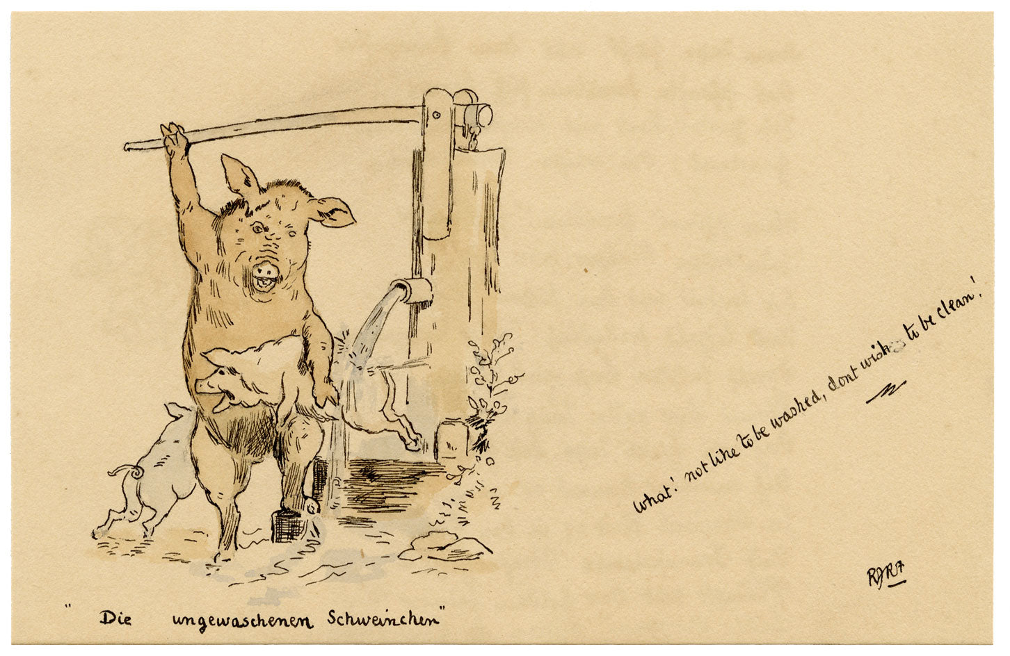 R.J.R.F., German Pigs Washing Anthropomorphic Cartoon – 1891 pen & ink drawing