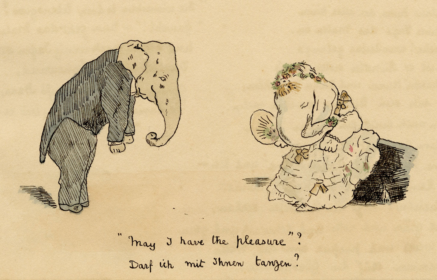R.J.R.F., Elephants Courting Anthropomorphic Cartoon – 1891 pen & ink drawing