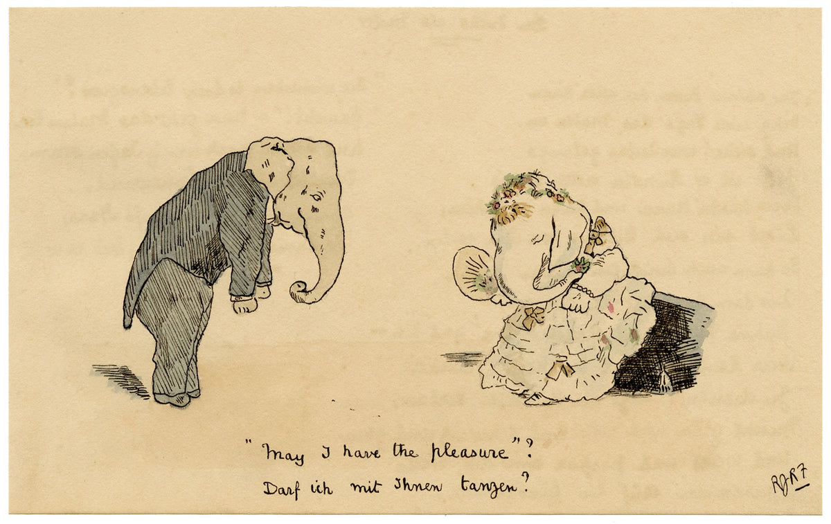 R.J.R.F., Elephants Courting Anthropomorphic Cartoon – 1891 pen & ink drawing