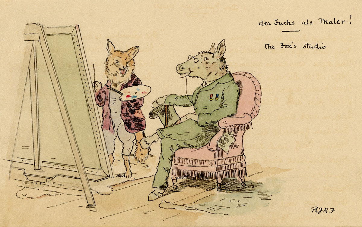 R.J.R.F., Reynard the Fox's Painting Studio Anthropomorphic Cartoon – 1891 pen & ink drawing