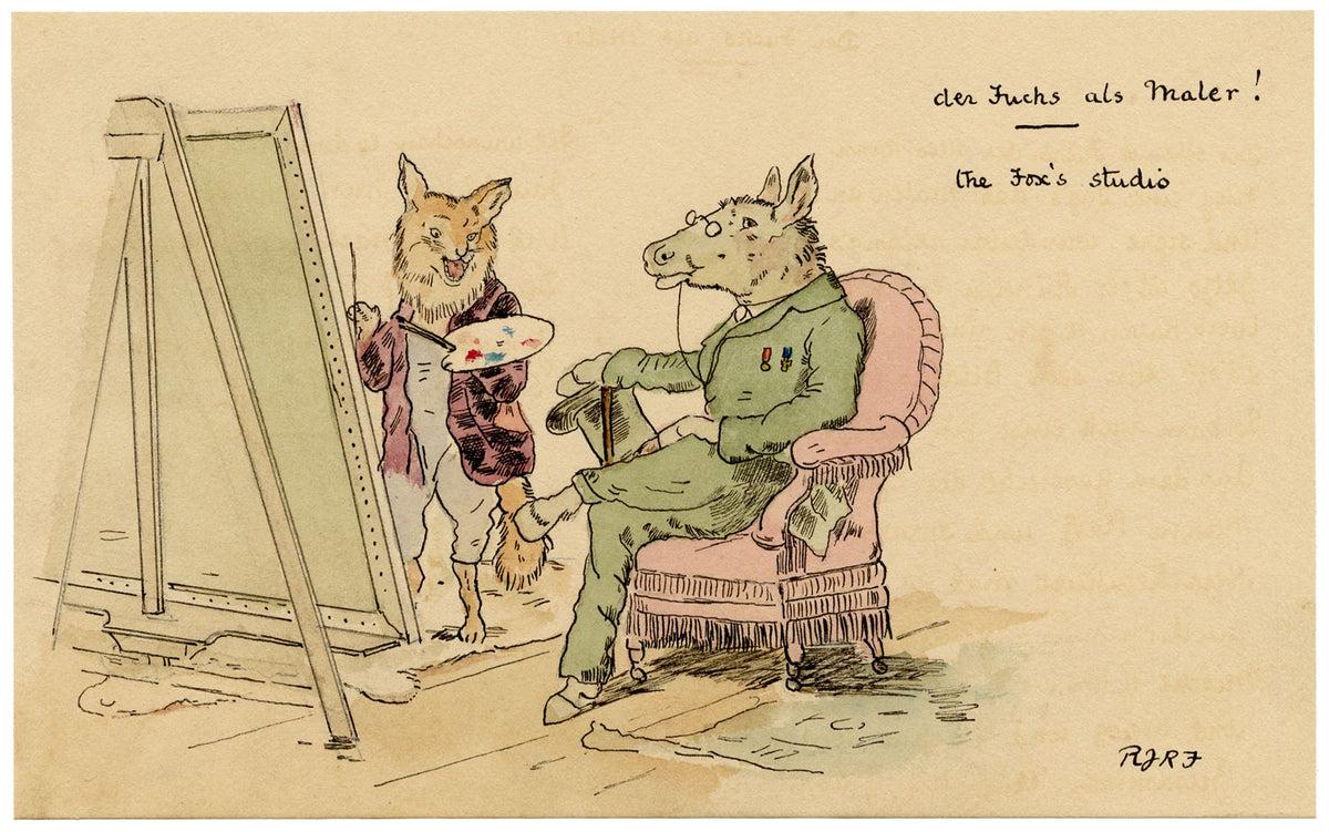 R.J.R.F., Reynard the Fox's Painting Studio Anthropomorphic Cartoon – 1891 pen & ink drawing