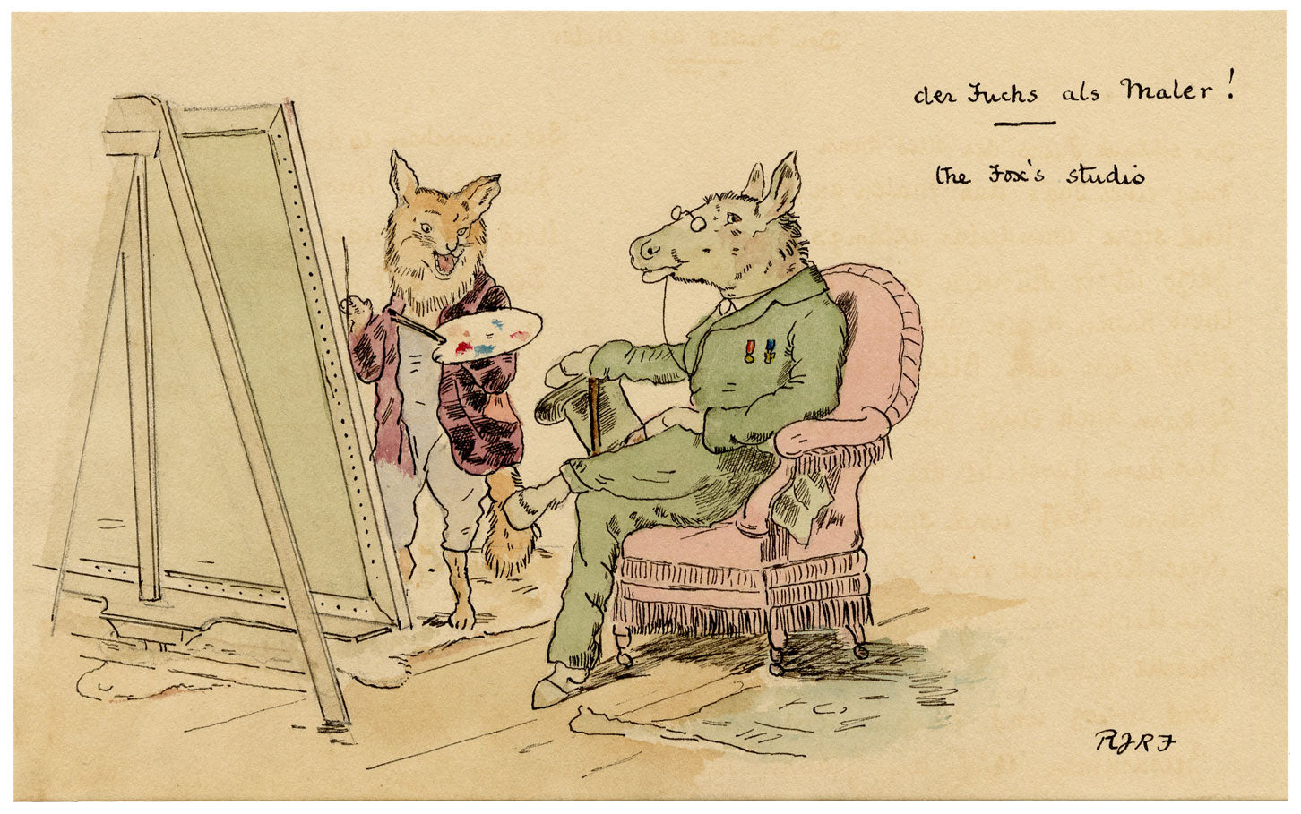 R.J.R.F., Reynard the Fox's Painting Studio Anthropomorphic Cartoon – 1891 pen & ink drawing