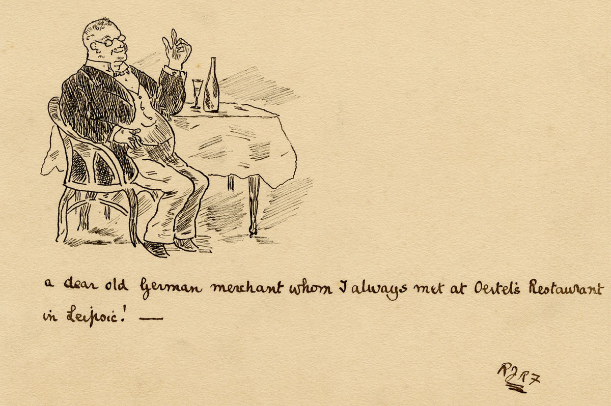 R.J.R.F., German Merchant in Leipzig Restaurant Cartoon – 1891 pen & ink drawing