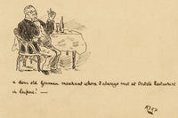 R.J.R.F., German Merchant in Leipzig Restaurant Cartoon – 1891 pen & ink drawing