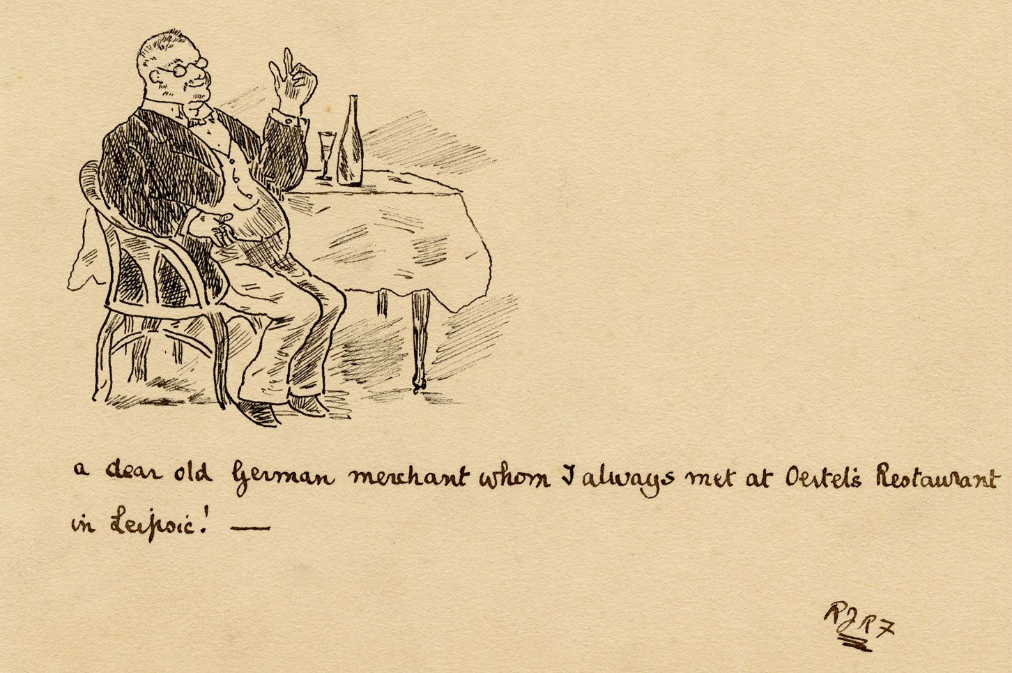 R.J.R.F., German Merchant in Leipzig Restaurant Cartoon – 1891 pen & ink drawing