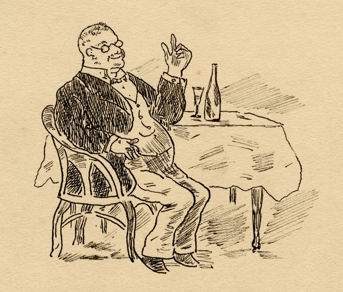 R.J.R.F., German Merchant in Leipzig Restaurant Cartoon – 1891 pen & ink drawing