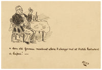 R.J.R.F., German Merchant in Leipzig Restaurant Cartoon – 1891 pen & ink drawing