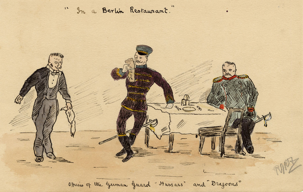 R.J.R.F., German Hussar & Dragoon in a Berlin Restaurant Cartoon – 1891 pen & ink drawing