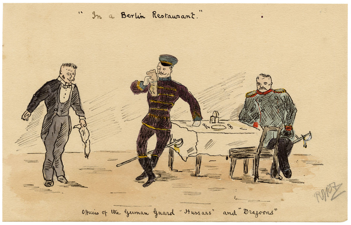 R.J.R.F., German Hussar & Dragoon in a Berlin Restaurant Cartoon – 1891 pen & ink drawing