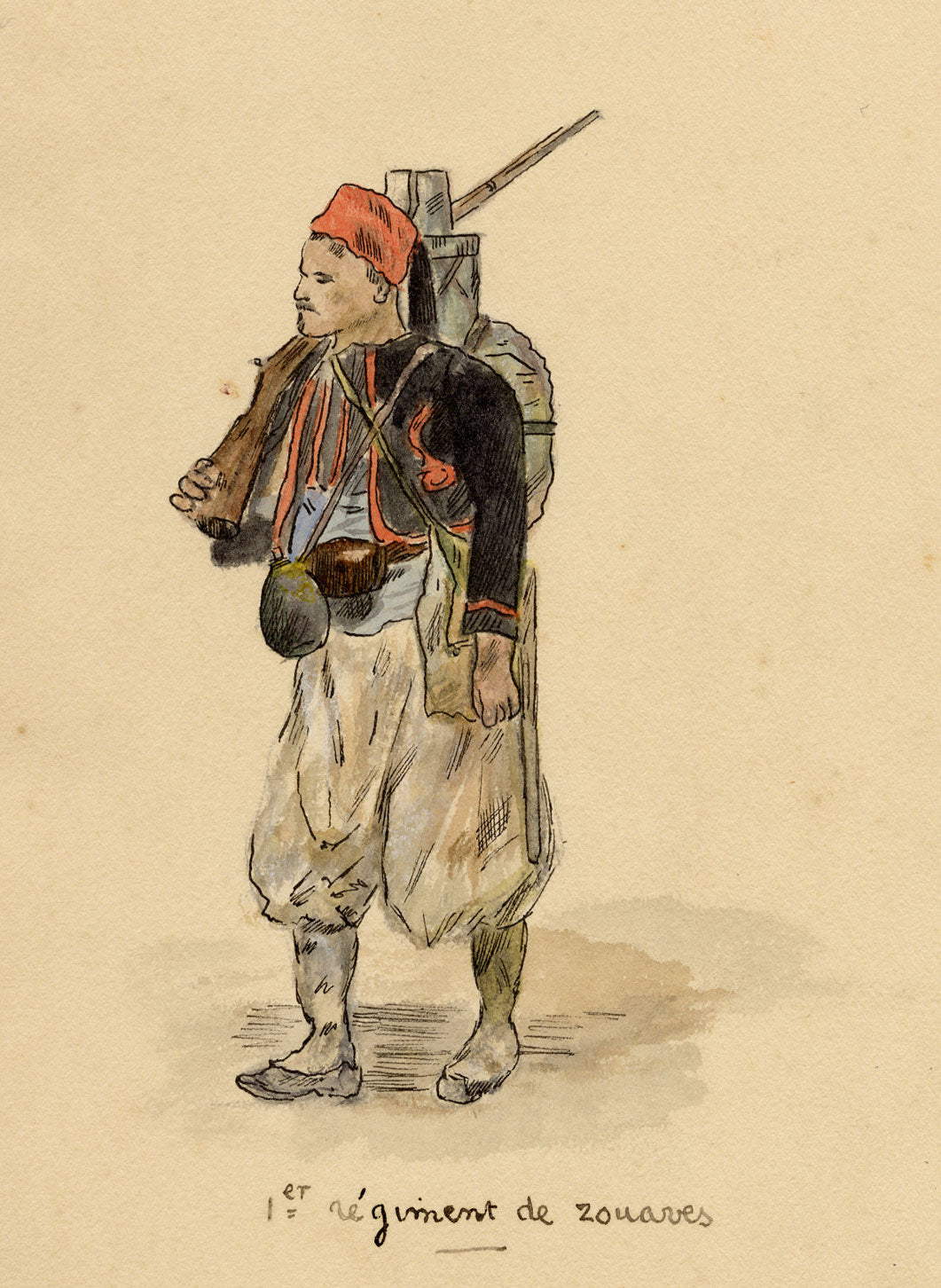 R.J.R.F., Soldier of the 1st Zouave Regiment, Algeria – 1891 pen & ink drawing