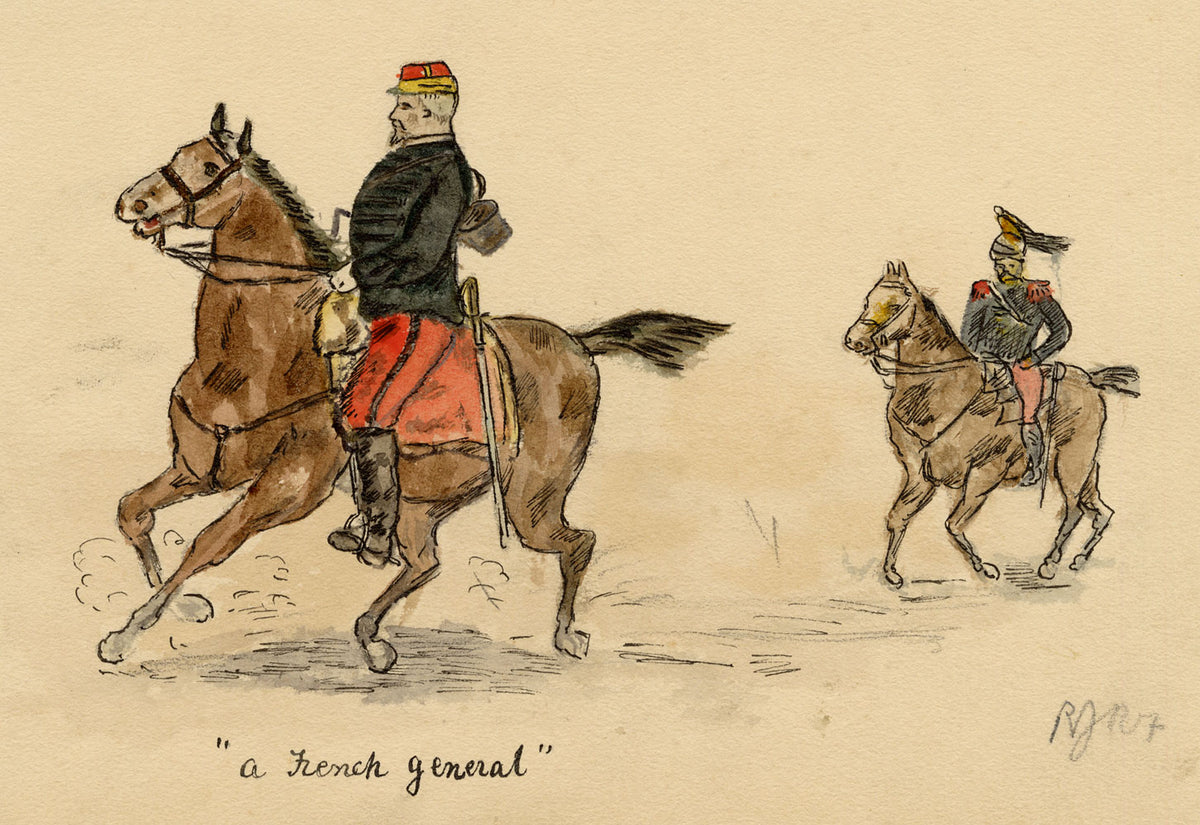 R.J.R.F., A French General on Horseback – 1891 pen & ink drawing