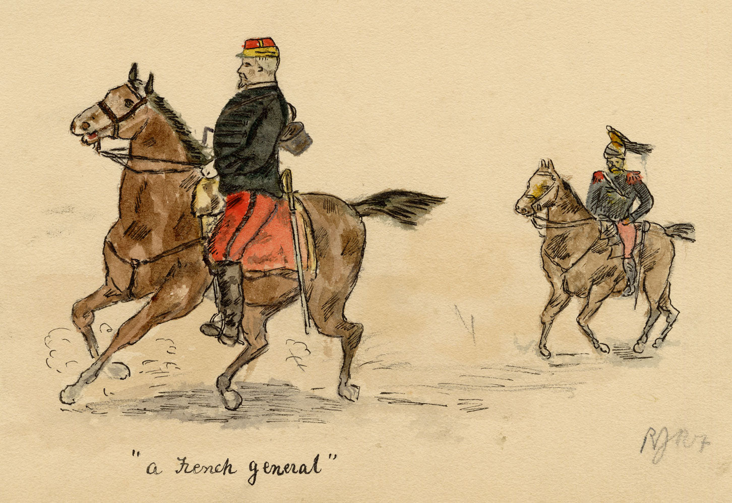 R.J.R.F., A French General on Horseback – 1891 pen & ink drawing