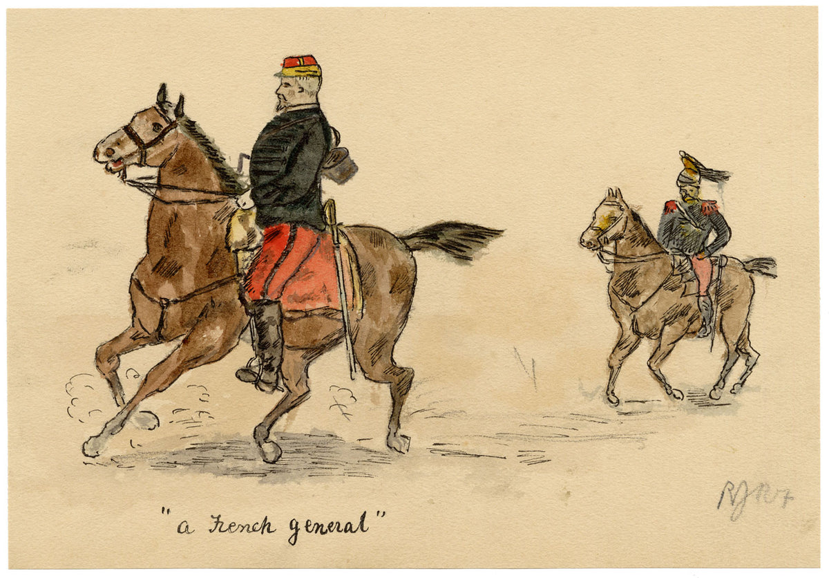 R.J.R.F., A French General on Horseback – 1891 pen & ink drawing