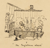 R.J.R.F., Englishman Abroad Satirical Bathing Cartoon – 1891 pen & ink drawing