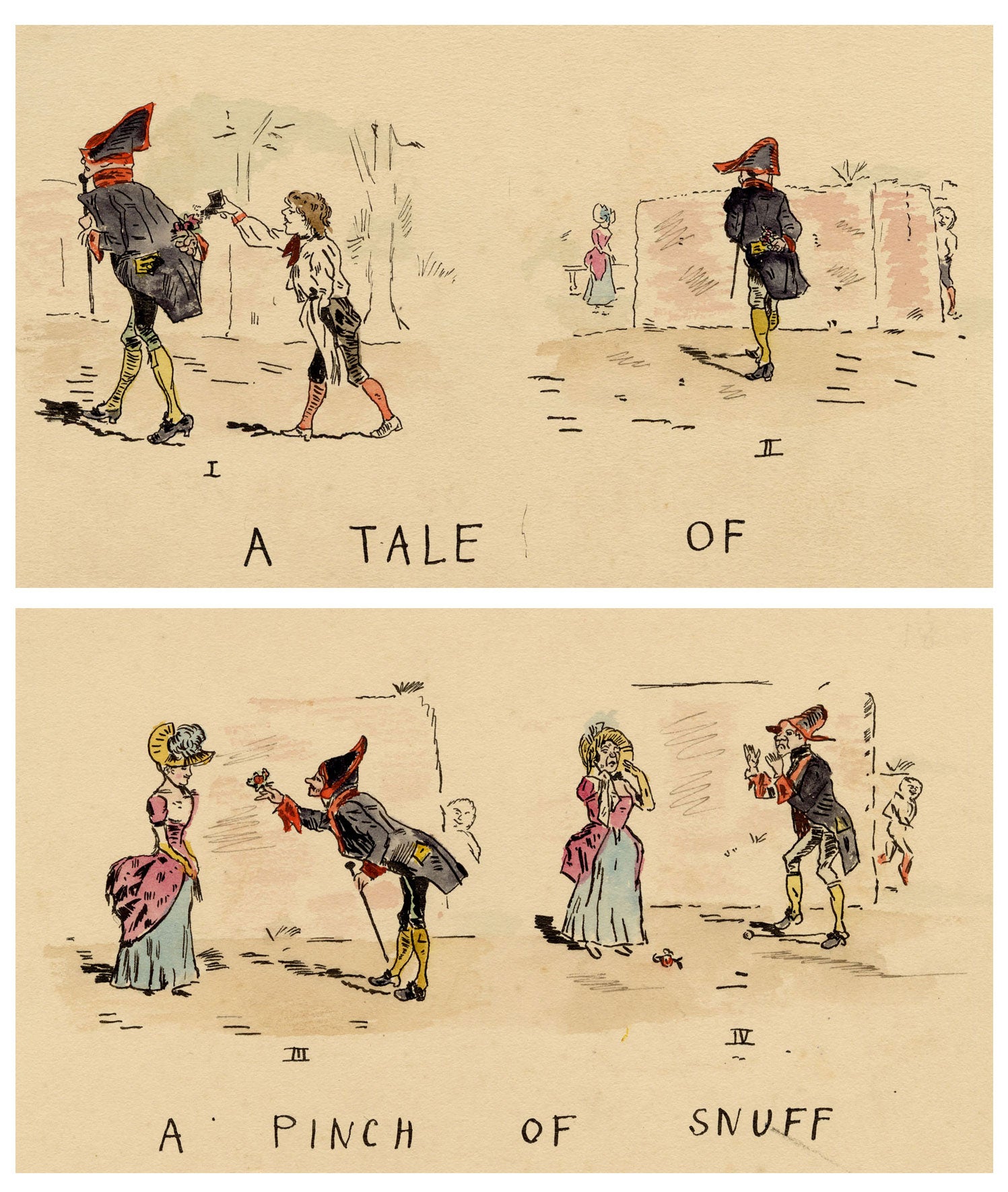 R.J.R.F., A Tale of a Pinch of Snuff Napoleonic Cartoon – 1891 pen & ink drawing