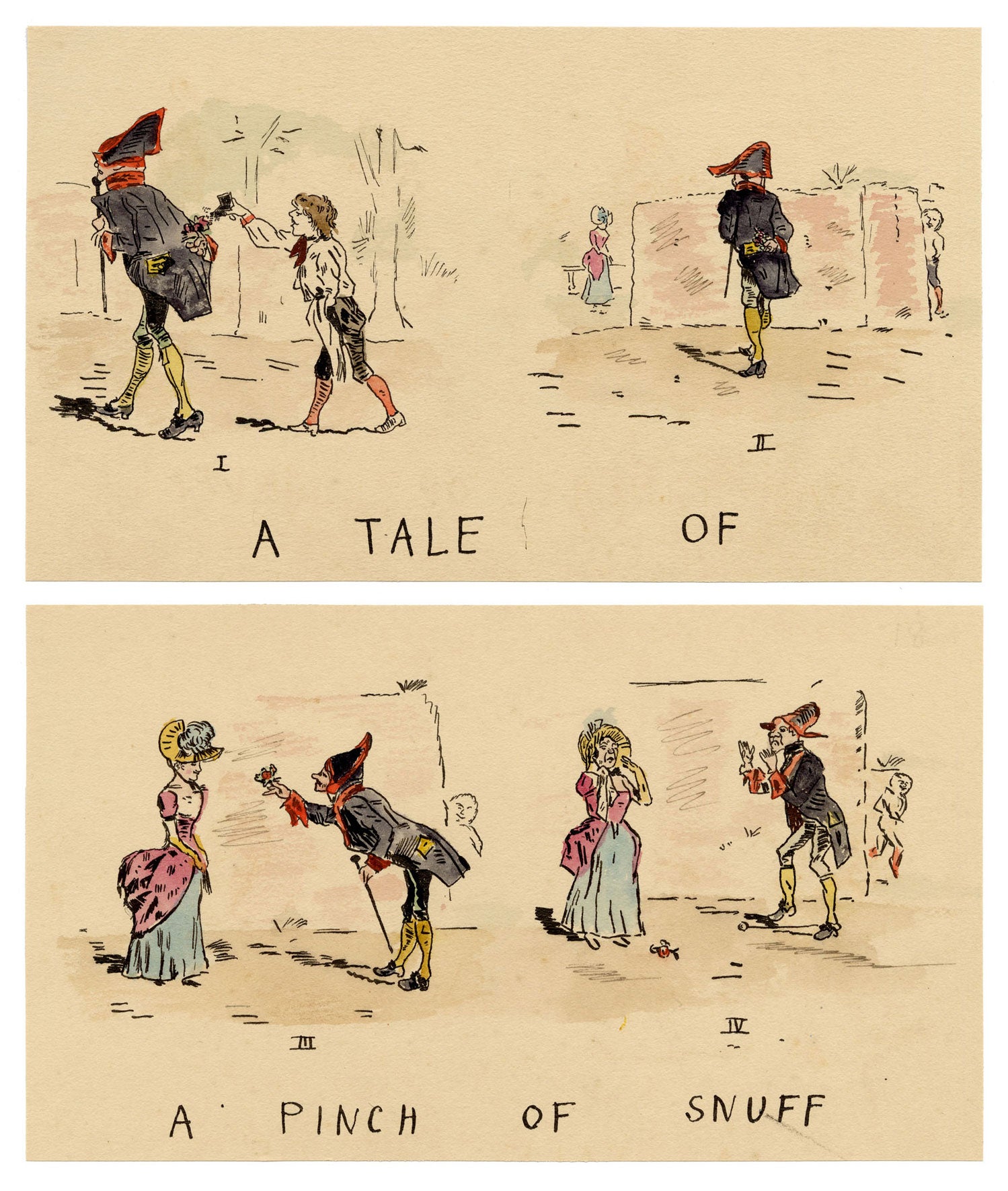R.J.R.F., A Tale of a Pinch of Snuff Napoleonic Cartoon – 1891 pen & ink drawing