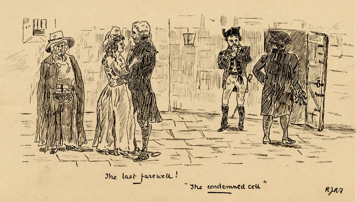 R.J.R.F., Prisoner's Last Farewell 'The Condemned Cell' Cartoon – 1891 pen & ink drawing