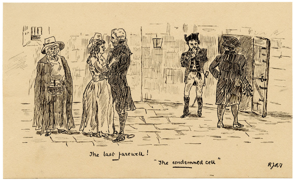 R.J.R.F., Prisoner's Last Farewell 'The Condemned Cell' Cartoon – 1891 pen & ink drawing