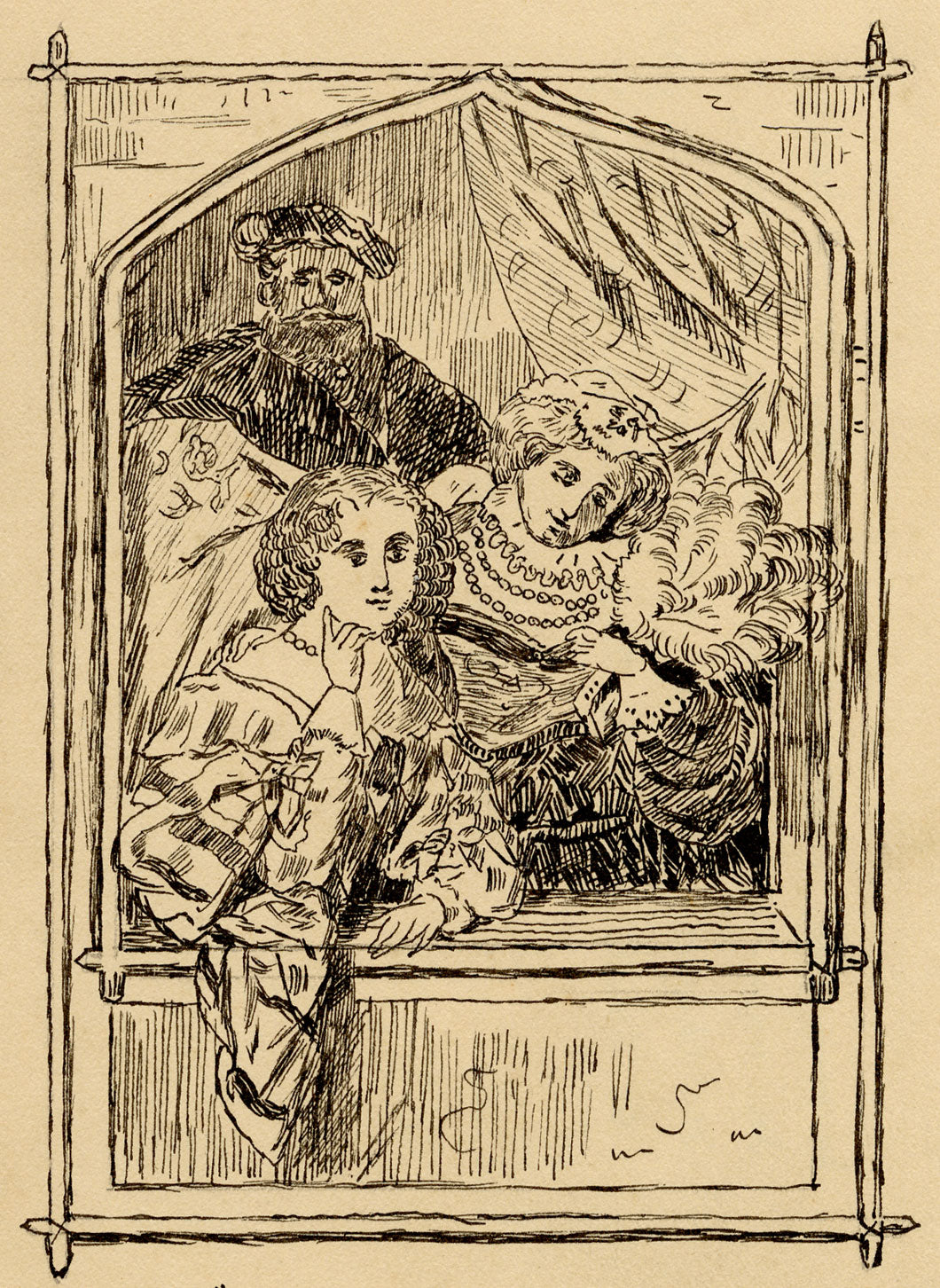 R.J.R.F., Bertha & Marie, Liechtenstein Royalty Watching Entrance of the Swabian League – 1891 pen & ink drawing