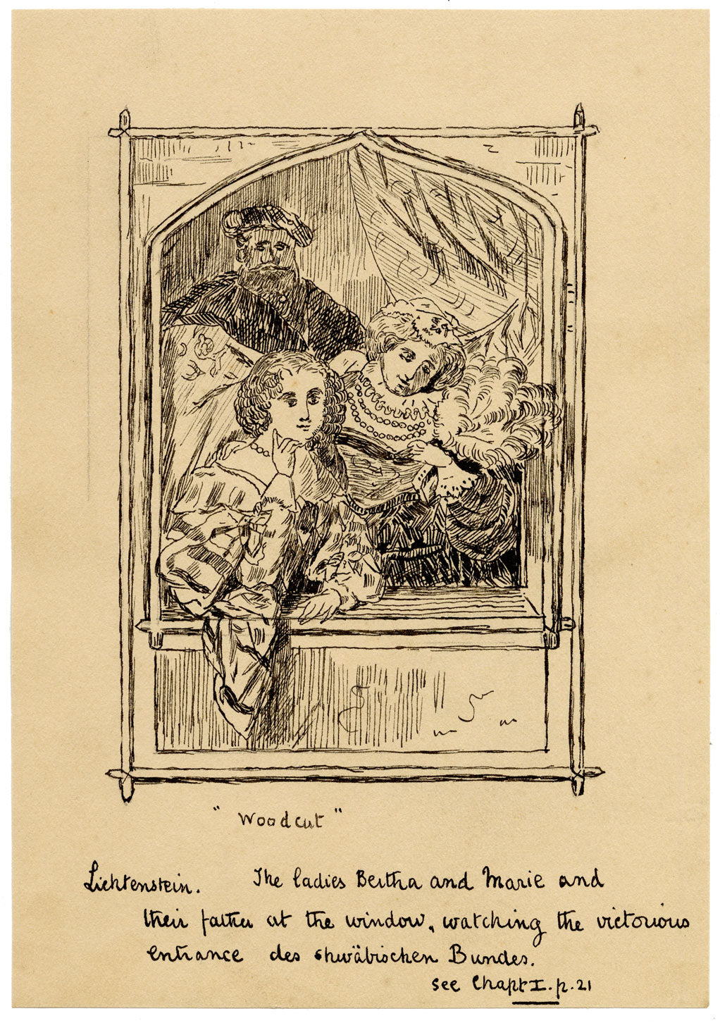 R.J.R.F., Bertha & Marie, Liechtenstein Royalty Watching Entrance of the Swabian League – 1891 pen & ink drawing