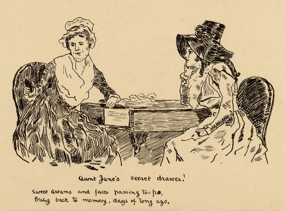 R.J.R.F., Victorian Ladies Cartoon 'Aunt Jane's Secret Drawer!' – 1891 pen & ink drawing