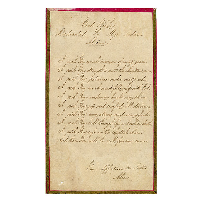 Alice J. Morton, Good Wishes Dedicated to My Sister Mina – c.1840s copperplate handwriting