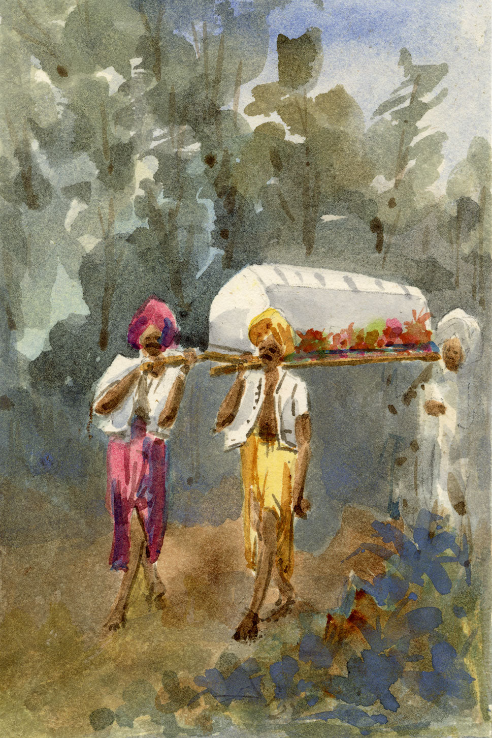 Whylock Pendavis, Hindu Pallbearers Carrying Coffin, Mauritius – 1880s watercolour painting