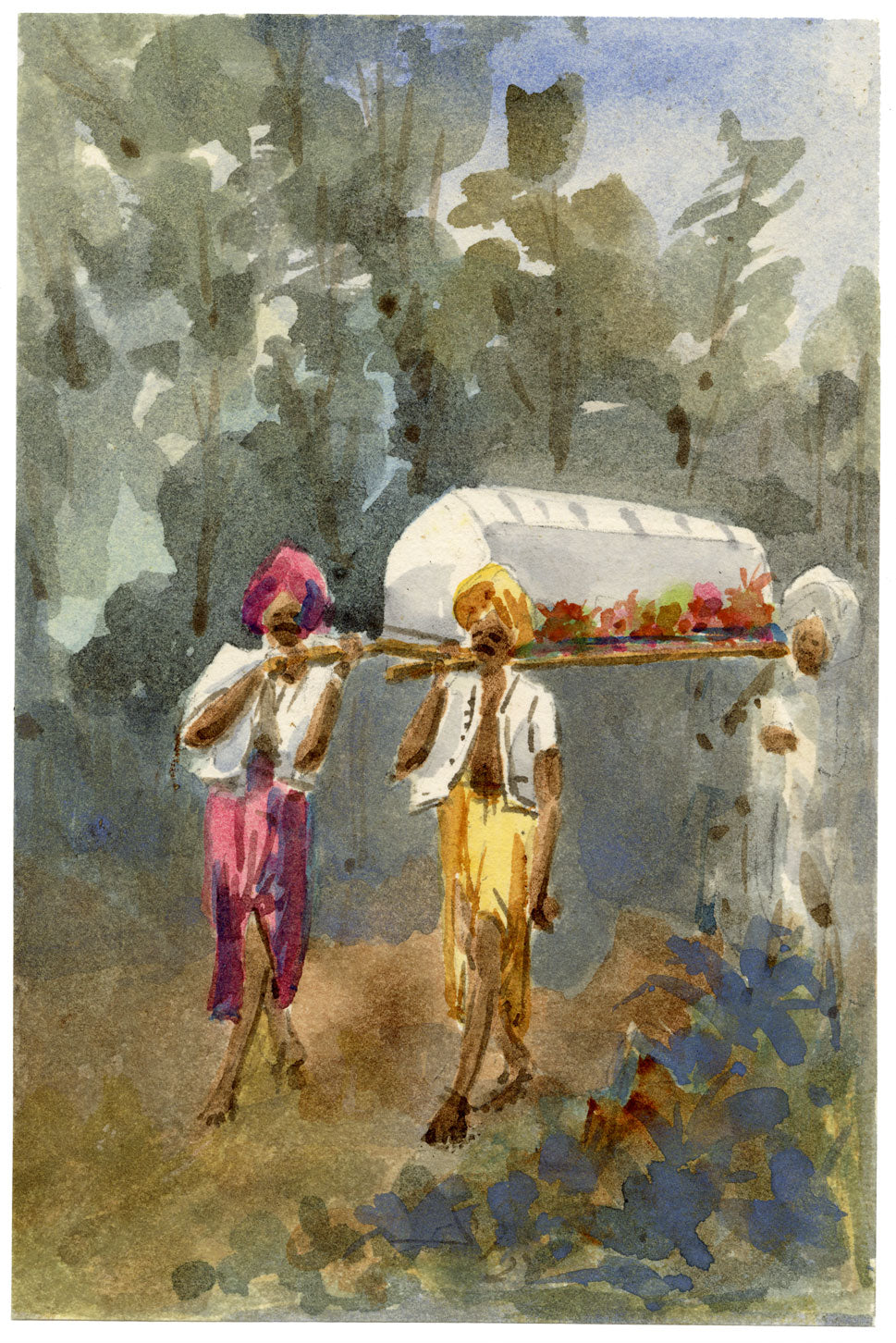 Whylock Pendavis, Hindu Pallbearers Carrying Coffin, Mauritius – 1880s watercolour painting