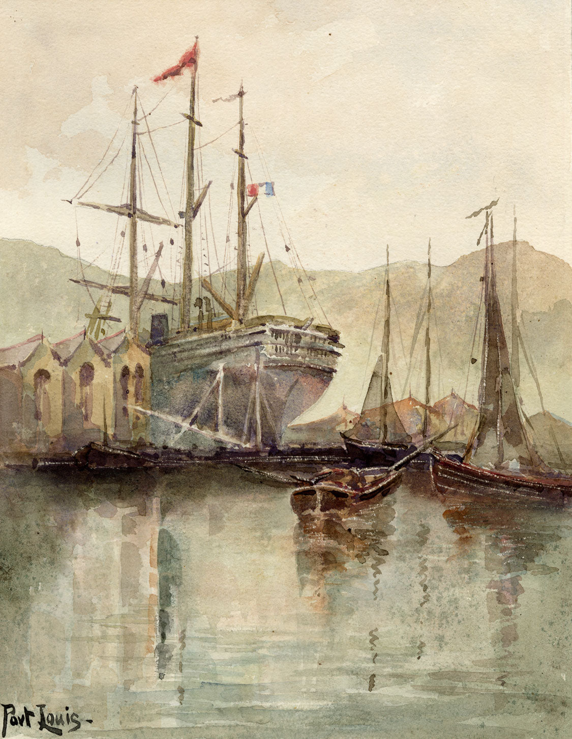Whylock Pendavis, Port Louis Dry Dock, Mauritius – 1880s watercolour painting