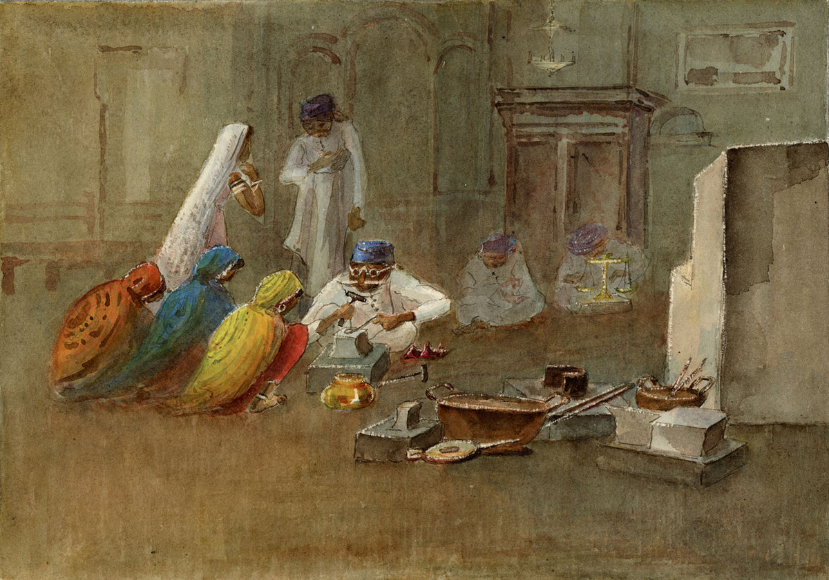 Whylock Pendavis, Silversmith's Shop & Madras Men Procession, Port Louis, Mauritius – 1880s watercolour painting