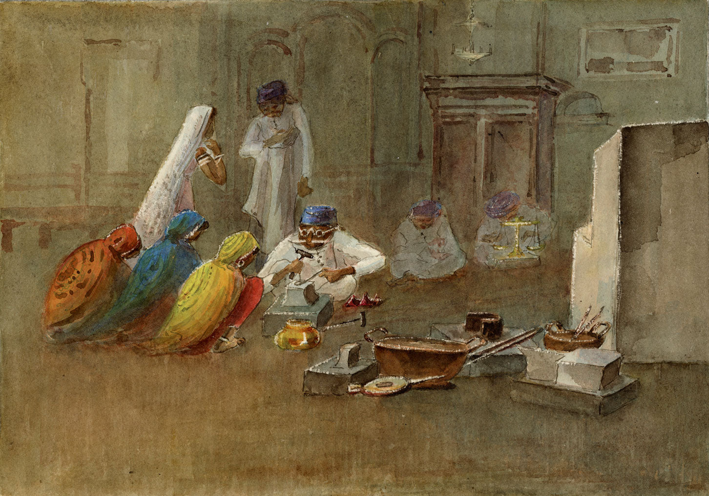 Whylock Pendavis, Silversmith's Shop & Madras Men Procession, Port Louis, Mauritius – 1880s watercolour painting