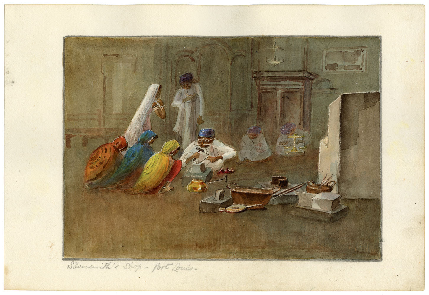 Whylock Pendavis, Silversmith's Shop & Madras Men Procession, Port Louis, Mauritius – 1880s watercolour painting