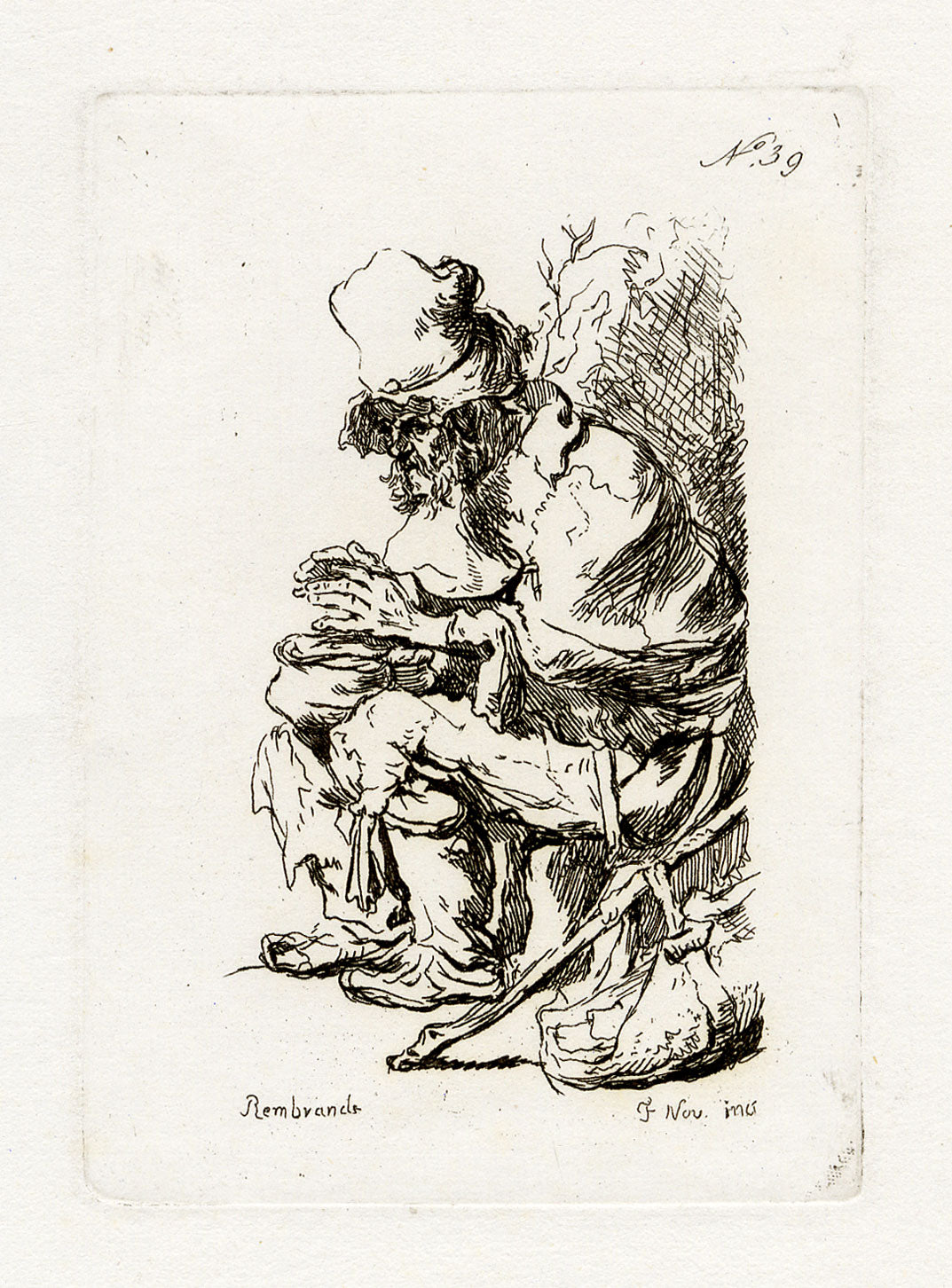 Francesco Novelli after Rembrandt, Beggar Seated Warming His Hands at a Chafing Dish – 1860 etching print