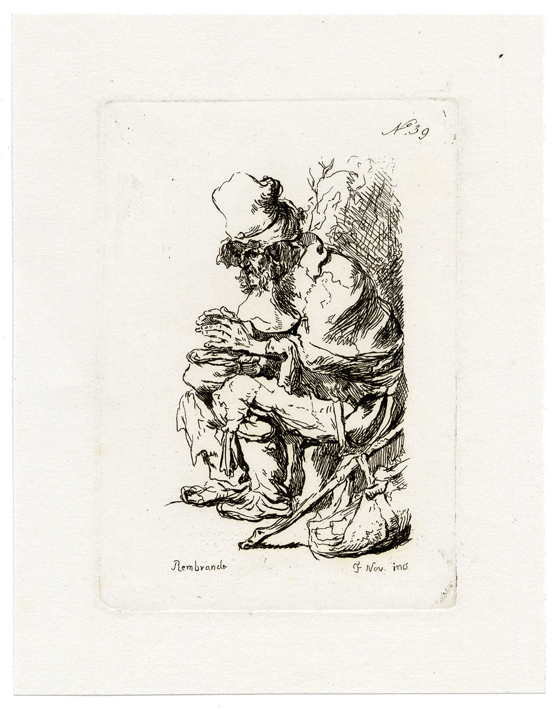 Francesco Novelli after Rembrandt, Beggar Seated Warming His Hands at a Chafing Dish – 1860 etching print