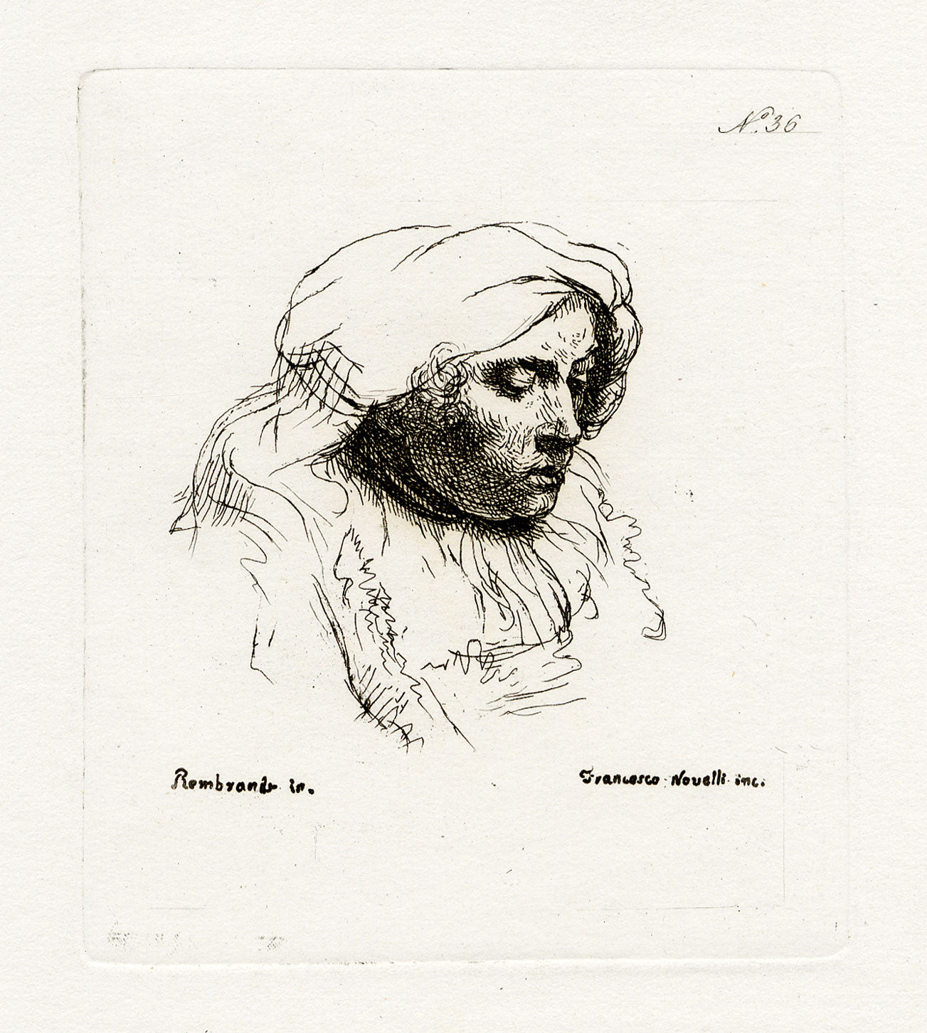 Francesco Novelli after Rembrandt, Female Head – 1860 etching print
