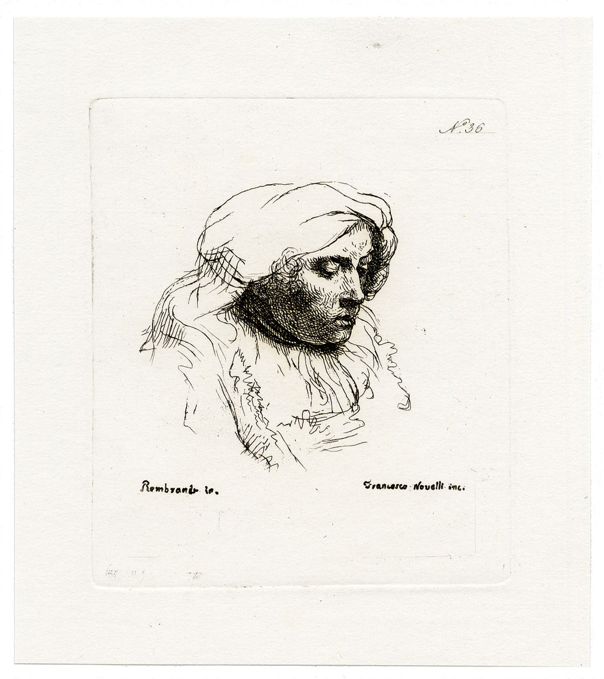 Francesco Novelli after Rembrandt, Female Head – 1860 etching print