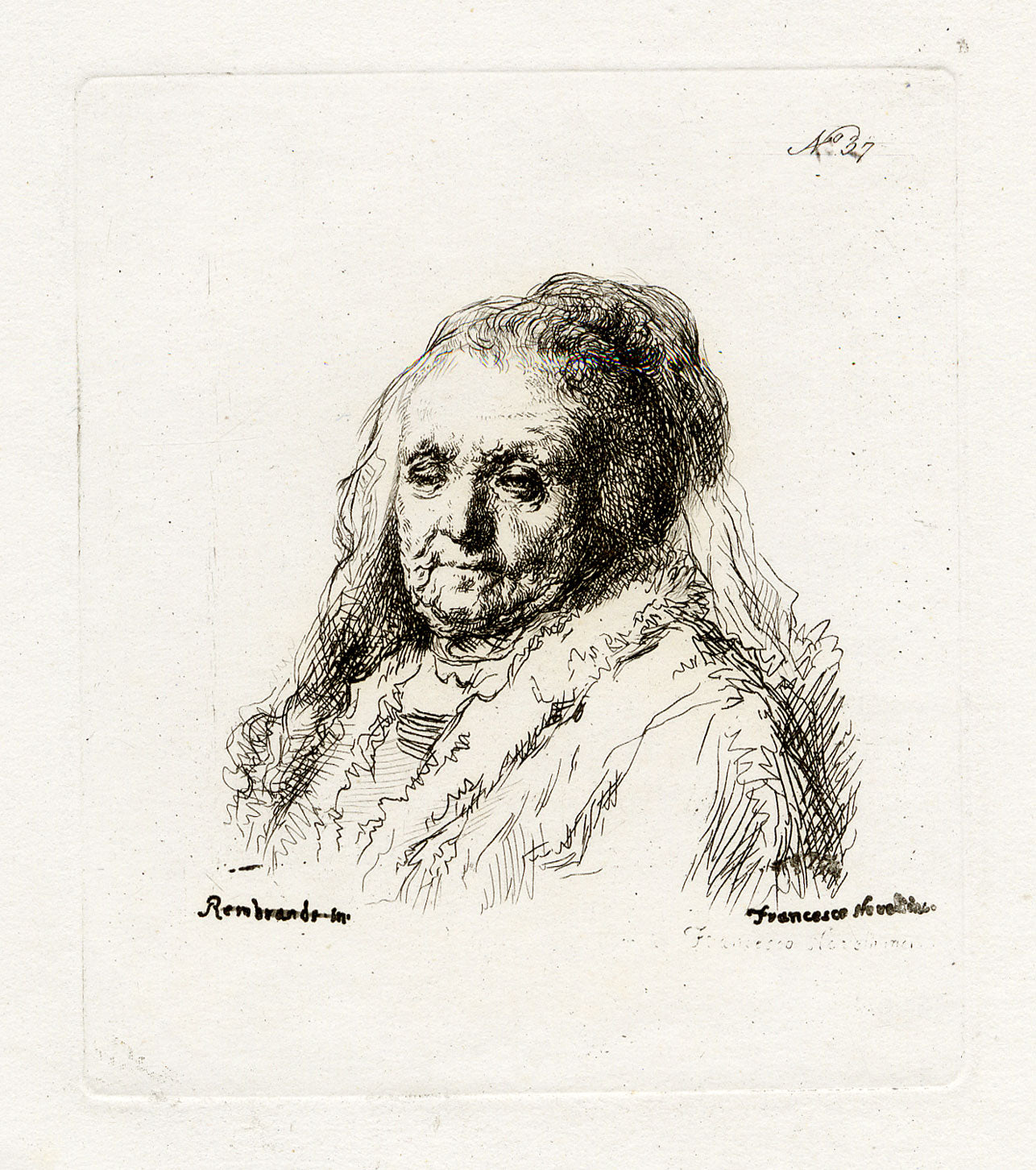 Francesco Novelli after Rembrandt, Portrait of the Artist's Mother – 1860 etching print