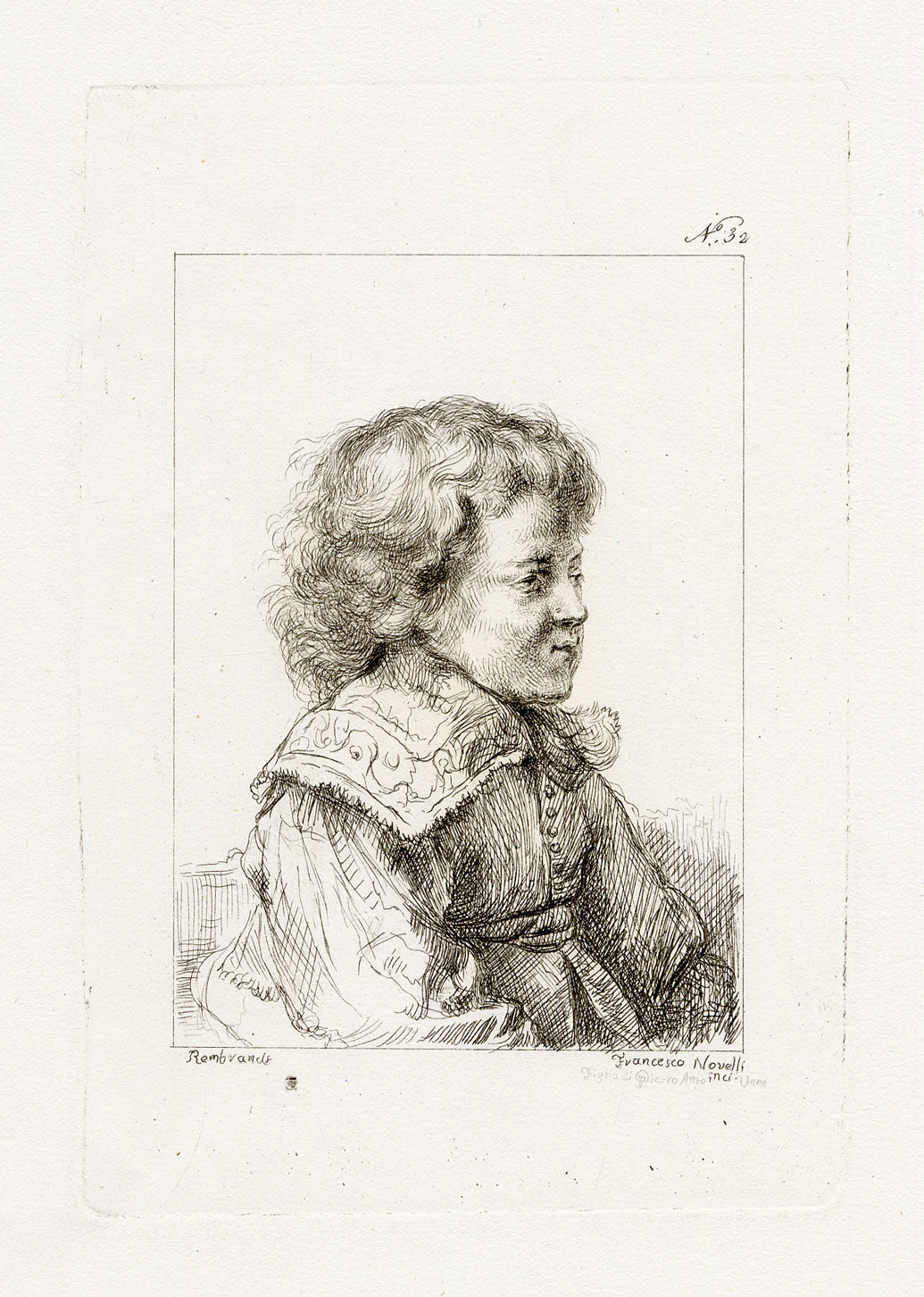 Francesco Novelli after Rembrandt, Portrait of a Boy in Profile – 1860 etching print