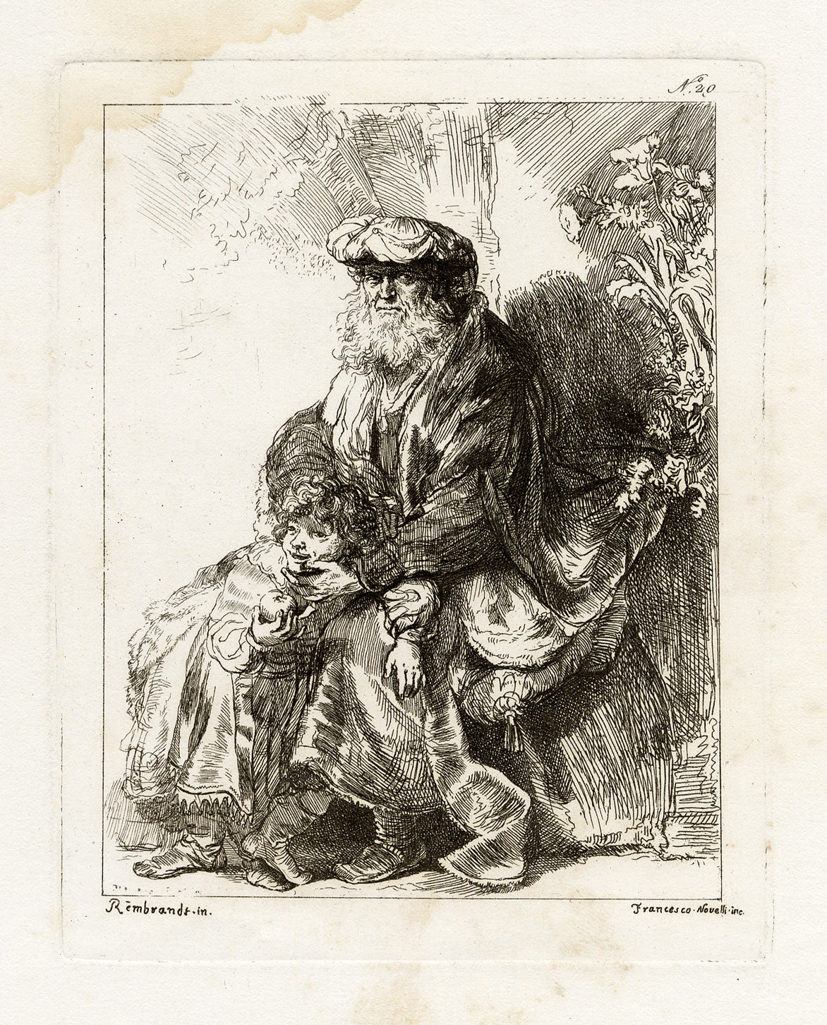 Francesco Novelli after Rembrandt, Jacob Caressing Benjamin – 1860 etching print