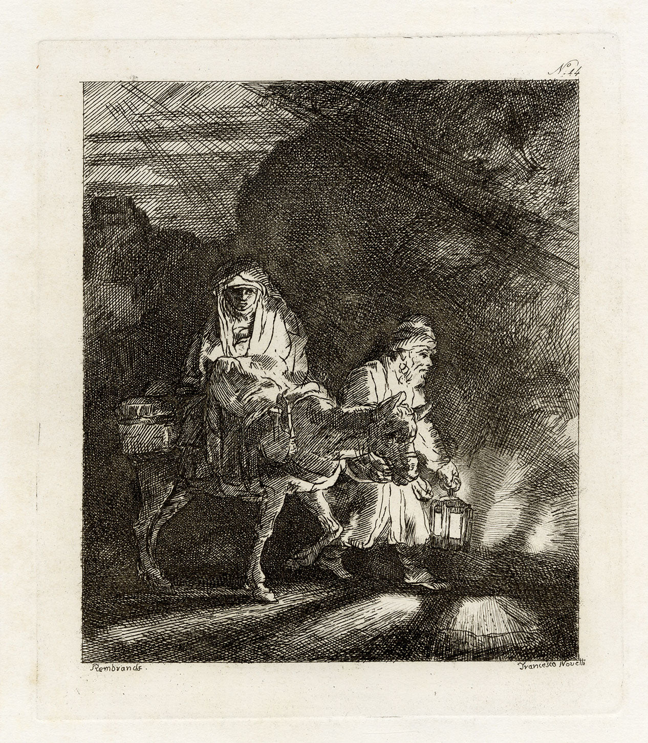 Francesco Novelli after Rembrandt, The Flight into Egypt: a Night Piece – 1860 etching print