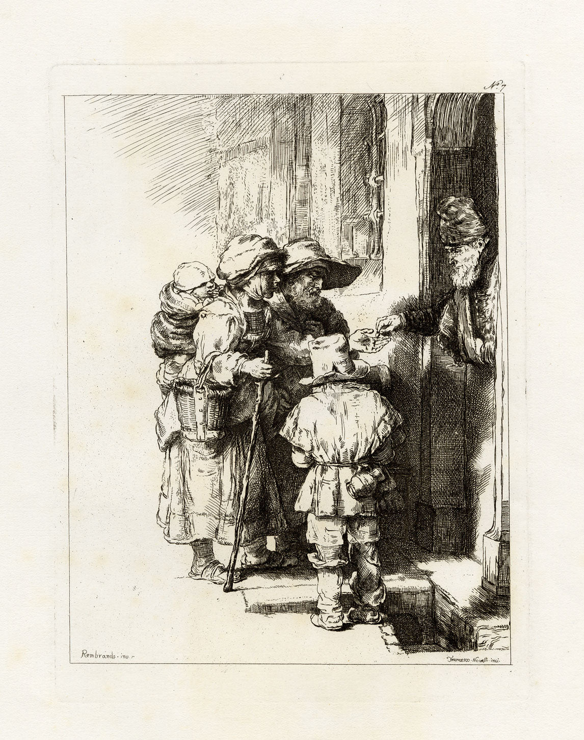 Francesco Novelli after Rembrandt, Beggars Receiving Alms at the Door – 1860 etching print