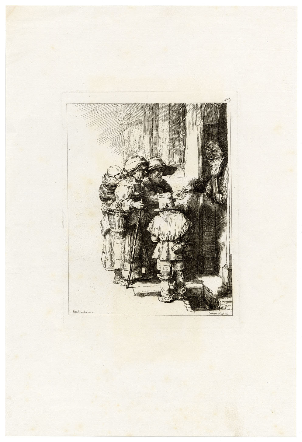 Francesco Novelli after Rembrandt, Beggars Receiving Alms at the Door – 1860 etching print