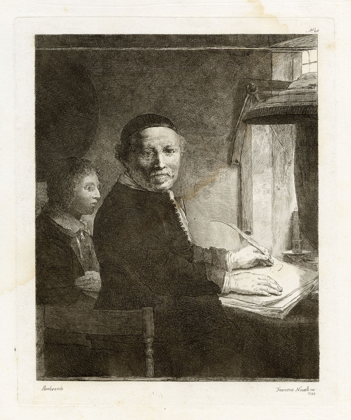 Francesco Novelli after Rembrandt, Portrait of Lieven Willemsz van Coppenol, Writing Master – 1860 etching print