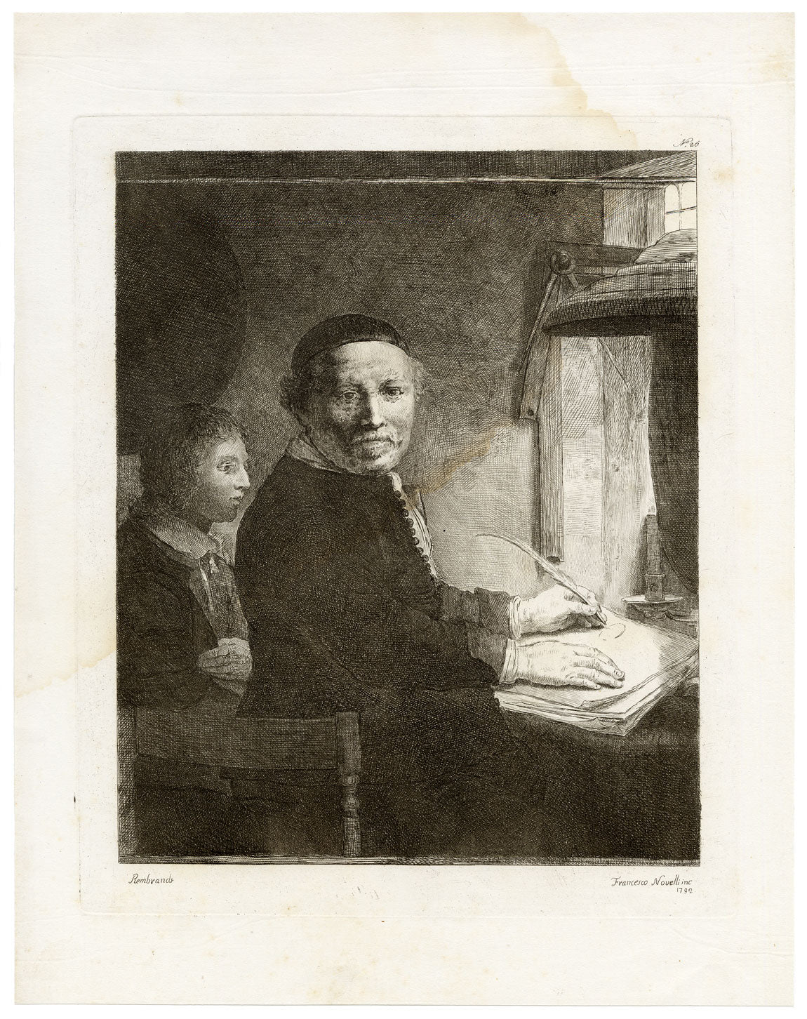 Francesco Novelli after Rembrandt, Portrait of Lieven Willemsz van Coppenol, Writing Master – 1860 etching print