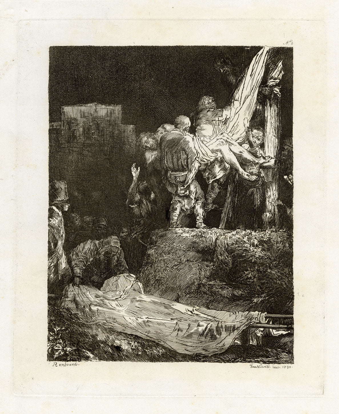 Francesco Novelli after Rembrandt, The Descent from the Cross by Torchlight – 1860 etching print