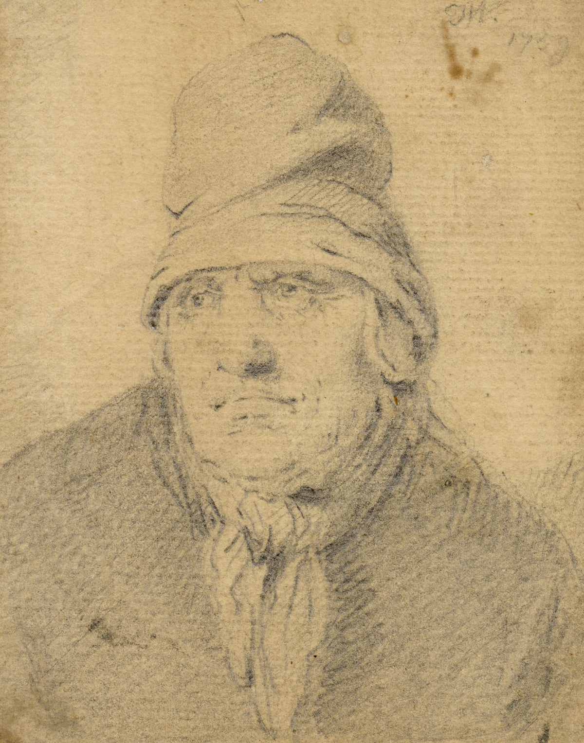 Thomas Worlidge, Head of a Man in a High Cap – 1759 graphite drawing