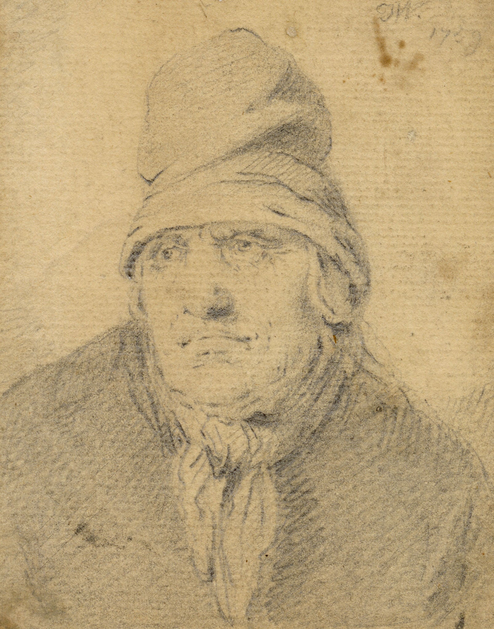 Thomas Worlidge, Head of a Man in a High Cap – 1759 graphite drawing