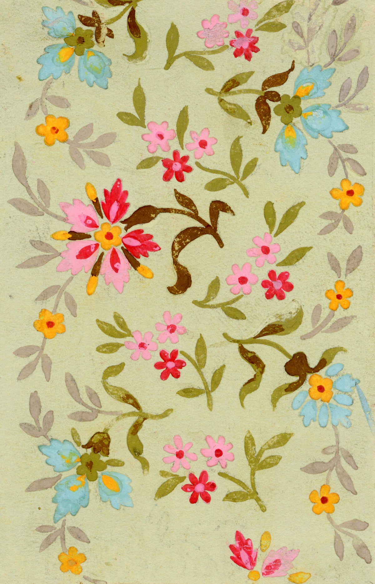 Anon., Antique French Textile Design: Miniature Spring Floral – 1880s gouache painting